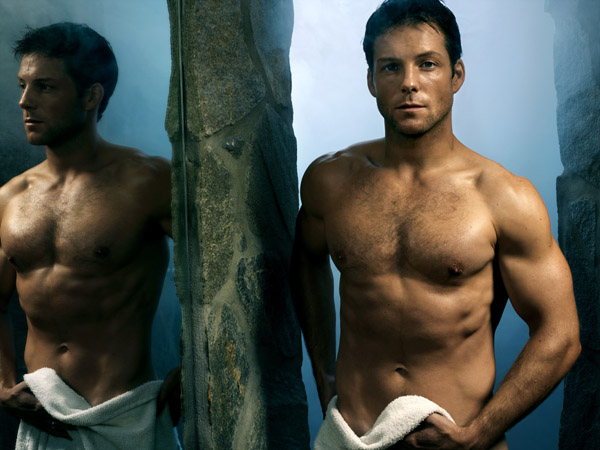 Jamie Bamber shirtless hot and sexy sweaty in the locker room after a shower or game
