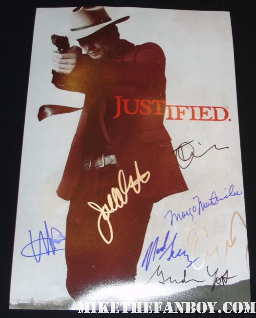justified cast signed autograph promo mini poster rare Timothy Olyphant, Walton Goggins, Margo Martindale, Joelle Carter, Erica Tazel, Nick Searcy and Natalie Zea sexy hot rare emmy screening los angeles q and a