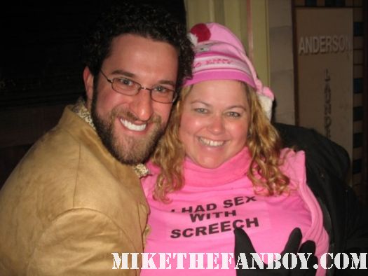 pinky from pretty in pinky with saved by the bell star dustin diamond screech from mike the fanboy pinky with her I slept with screech shirt on