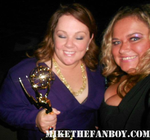 pretty in pink with bridesmaids star Melissa Mccarthey holding her emmy award rare promo hot funny lady mike and molly