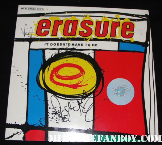 erasure signed autograph it doesn't have to be limited editon blue vinyl lp signed autograph andy bell vince clarke erasure founder and music legend vince clarke signing autographs for fans outside the hollywood palladium 10-1-11