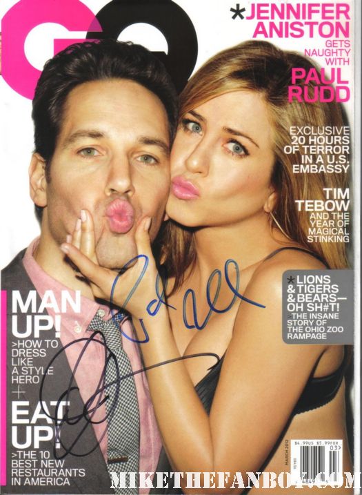 jennifer aniston paul rudd signed autograph gq magazine march 2012 issue rare promo wanderlust signed autograph hot and sexy photoshoot