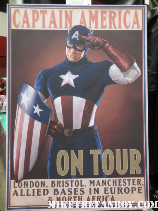 original captain america poster captain america prop and costume display at chicago's c2e2 shield costume cosplay rare promo profiles in history auction