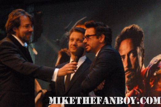 Robert Downey Jr and Jeremy Renner doing interviews on the uk world movie premiere of the avengers red carpet hot sexy hawkeye iron man