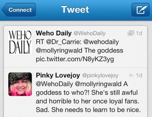mike the fanboy writer pretty in pinky tweeting to molly ringwald about how mean and nasty she is to fans