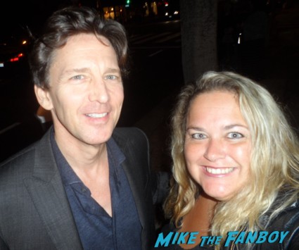 pinky lovejoy posing for a fan photo with andrew mccarthy signing autographs at a less than zero screening at the aero theater rare signed