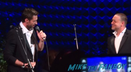 sexy hugh jackman and  Russell crowe singing onstage at russell crowe's garden party concert in new york city live onstage 