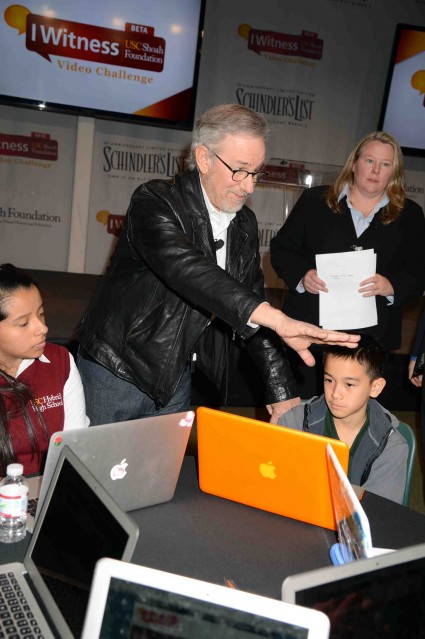 steven spielberg signs autographs for fans and talks to students at the USC Shoah Foundation's Witness Video Challenge