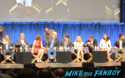 Dev Patel, Olivia Munn, Thomas Sadoski, Alison Pill, John Gallagher Jr., Sam Waterston, Emily Mortimer, Jeff Daniels (who does a curtsey), Alan Poul and Aaron Sorkin the newsroom 2013 paleyfest panel q and a rare
