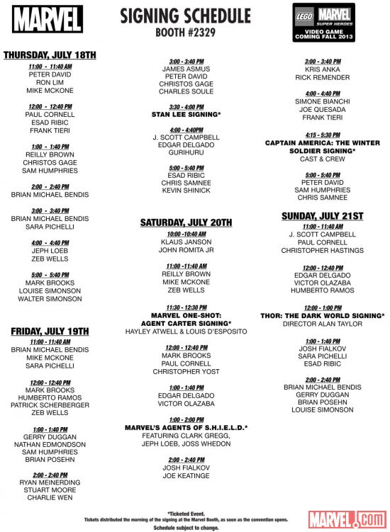 SDCC San Diego Comic Con marvel booth signing schedule 2013 thor the dark world captain america the winter soldier
