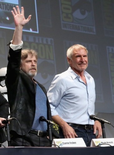 SAN DIEGO, CA - JULY 10:  Actors Mark Hamill (L) and Harrison Ford at the Hall H Panel for `Star Wars: The Force Awakens` during Comic-Con International 2015 at the San Diego Convention Center on July 10, 2015 in San Diego, California.  (Photo by Jesse Grant/Getty Images for Disney) *** Local Caption *** Mark Hamill; Harrison Ford