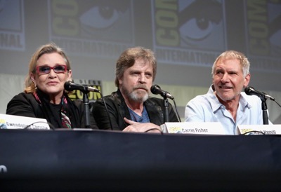 SAN DIEGO, CA - JULY 10:  (L-R) Actors Carrie Fisher, Mark Hamill and Harrison Ford at the Hall H Panel for `Star Wars: The Force Awakens` during Comic-Con International 2015 at the San Diego Convention Center on July 10, 2015 in San Diego, California.  (Photo by Jesse Grant/Getty Images for Disney) *** Local Caption *** Carrie Fisher; Mark Hamill; Harrison Ford