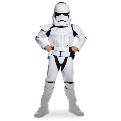 Stormtrooper Costume for Kids - Star Wars: The Force Awakens. .Available at Disney Store.MSRP: $59.95.Available: September 4. .Dress your dedicated soldier in our Star Wars: The Force Awakens Stormtrooper costume including mask, belt with pouch, bodysuit and 3 swappable pauldrons to indicate rank: Officer, Sergeant, and Squad Leader.