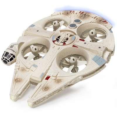 Star Wars Remote Controlled Millennium Falcon Quad..Licensee: Spinmaster.MSRP: $109.99.Available: September 4. .Fly the most iconic ship in the Star Wars universe! The Ultimate Millennium Falcon takes flight with the power of quad rotors concealed in the body of the ship. Its authentic lights and sounds bring the Millennium Falcon to life as you fly.  Activate Hyperspace mode on the remote control and hold on for a fully loaded hyperspace journey.  With 2.4GHz communication, you can control the Millennium Falcon up to 200 feet away! Join the rebellion and bring Star Wars home with the Millennium Falcon Quad from Air Hogs!.