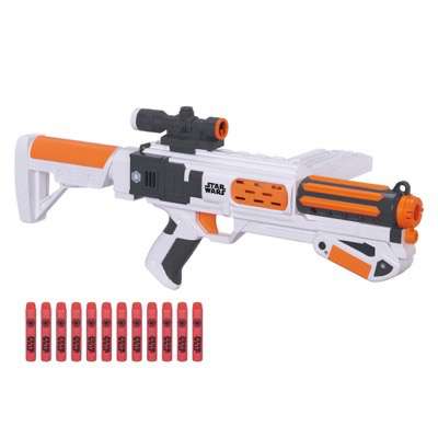 Star Wars NERF First Order Stormtrooper Deluxe Blaster..Licensee: Hasbro..MSRP: $39.99..Available: September 4..The fight to restore order to the galaxy comes home with the first-ever STAR WARS NERF blasters! Battle against the Resistance with this blaster that comes with a 12-dart clip, slam-fire action, removable sight, detachable stock and twelve NERF darts that fire up to 65 feet!..