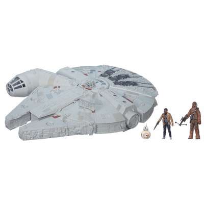 Star Wars: The Force Awakens Battle Action Millennium Falcon..Licensee: Hasbro.MSRP: $119.99.Available: September 4. .The fastest ship in the galaxy returns for STAR WARS: THE FORCE AWAKENS with Hasbro?s most innovative and action-packed Star Wars vehicle! The new BATTLE ACTION MILLENNIUM FALCON opens into a playset for your 3.75-inch scale Star Wars figures and features a pop-up blaster that fires NERF ELITE darts, a turbolaser turret, light-up LED cannons, hyperdrive sound effects, as well as a playset area featuring a holochess board and smuggling compartment! Also includes exclusive CHEWBACCA, FINN and BB-8 3.75-inch figures. Requires two AA batteries, not included. Other figures sold separately..