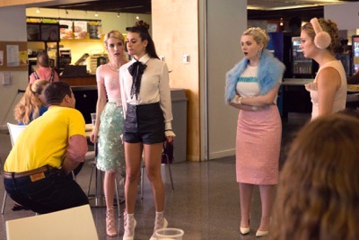 SCREAM QUEENS: Pictured L-R: Emma Roberts as Chanel Oberlin, Lea Michele as Hester, Abigail Breslin as Chanel #5 and Billie Lourd as Chanel #3 in the "Haunted House" episode of SCREAM QUEENS airing Tuesday, Oct. 6 (9:00-10:00 PM ET/PT) on FOX. ©2015 Fox Broadcasting Co. Cr: Hilary Gayle/FOX.