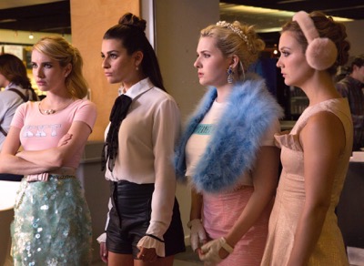 SCREAM QUEENS: Pictured L-R: Emma Roberts as Chanel Oberlin, Lea Michele as Hester, Abigail Breslin as Chanel #5 and Billie Lourd as Chanel #3 in the "Haunted House" episode of SCREAM QUEENS airing Tuesday, Oct. 6 (9:00-10:00 PM ET/PT) on FOX. ©2015 Fox Broadcasting Co. Cr: Hilary Gayle/FOX.SCREAM QUEENS: Pictured L-R: Emma Roberts as Chanel Oberlin, Lea Michele as Hester, Abigail Breslin as Chanel #5 and Billie Lourd as Chanel #3 in the "Haunted House" episode of SCREAM QUEENS airing Tuesday, Oct. 6 (9:00-10:00 PM ET/PT) on FOX. ©2015 Fox Broadcasting Co. Cr: Hilary Gayle/FOX.