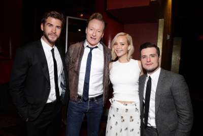 Exclusive - Liam Hemsworth, Conan O'Brien, Jennifer Lawrence and Josh Hutcherson seen at The Hunger Games: Mockingjay Part 2 cast Hand and footprint ceremony at Hollywood Blvd. on Saturday, October 31, 2015, in Los Angeles, CA. (Photo by Eric Charbonneau/Invision for Lionsgate/AP Images)