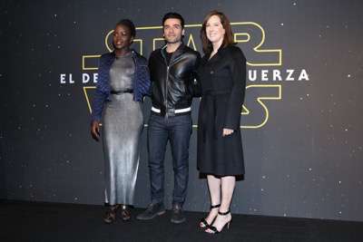 MEXICO CITY, MEXICO - DECEMBER 08: Actress Lupita Nyong'o, Actor Oscar Isaac and Producer Kathleen Kennedy attends the Fan Event and Q&A of Star Wars The Force Awakens at the Cinemex Antara In Mexico City, Mexico, December 08, 2015. The World Premiere will be the next December 18. (Photo by Victor Chavez/Getty Images for Walt Disney Studios)
