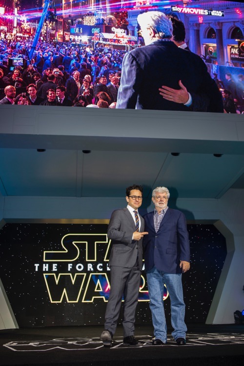 LONDON, UK - DECEMBER 16: Director JJ Abrams and George Lucas attends the European Premiere of the highly anticipated Star Wars: The Force Awakens in London on December 16, 2015. Credit James Gillham / StingMedia