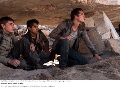 MAZE RUNNER: THE SCORCH TRIALS  (left to right) Aris (Jacob Lofland), Winston (Alex Flores) and Thomas (Dylan O’Brien), make their way through the Scorch.  Photo credit:  Richard Foreman, Jr. SMPSP  TM and © 2015 Twentieth Century Fox Film Corporation.  All Rights Reserved.  Not for sale or duplication.