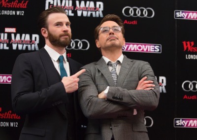 London UK : Chris Evans and Robert Downey JR attend the European Premiere Of Marvel's "Captain America: Civil War” in London on April 26th, 2016. (Credit  : StingMedia for Disney)