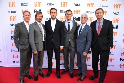 Jon Feltheimer, Chief Executive Officer of Lionsgate, Patrick Wachsberger, Co-Chairman of Lionsgate Motion Picture Group, Ryan Gosling, Erik Feig, Co-President of Lionsgate Motion Picture Group, Rob Friedman, Co-Chairman of Lionsgate Motion Picture Group, and Michael Burns, Vice President of Lionsgate, seen at Summit Entertainment's "La La Land" premiere at the 2016 Toronto International Film Festival on Monday, Sept. 12, 2016, in Toronto. (Photo by Eric Charbonneau/Invision for LionsgateAP Images)