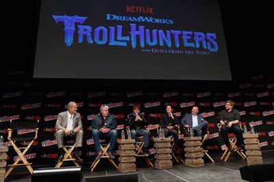 NEW YORK, NY - OCTOBER 08:  (L-R)  Kelsey Grammer, Ron Perlman, Charlie Saxton, Steven Yeun, Marc Guggenheim and  Rodrigo Blaas speak onstage as Netflix presents Dreamworks Trollhunters during New York Comic Con at Madison Square Garden on October 8, 2016 in New York City.  (Photo by Lars Niki/Getty Images for Netflix) *** Local Caption *** Kelsey Grammer;Ron Perlman;Charlie Saxton;Steven Yeun;Marc Guggenheim;Rodrigo Blaas