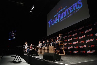 NEW YORK, NY - OCTOBER 08:  (L-R) Laura Prudom, Guillermo del Toro, Kelsey Grammer, Ron Perlman, Charlie Saxton, Steven Yeun, Marc Guggenheim and  Rodrigo Blaas speak onstage as Netflix presents Dreamworks Trollhunters during New York Comic Con at Madison Square Garden on October 8, 2016 in New York City.  (Photo by Lars Niki/Getty Images for Netflix) *** Local Caption *** Laura Prudom, Guillermo del Toro, Kelsey Grammer, Ron Perlman, Charlie Saxton, Steven Yeun, Marc Guggenheim, Rodrigo Blaas