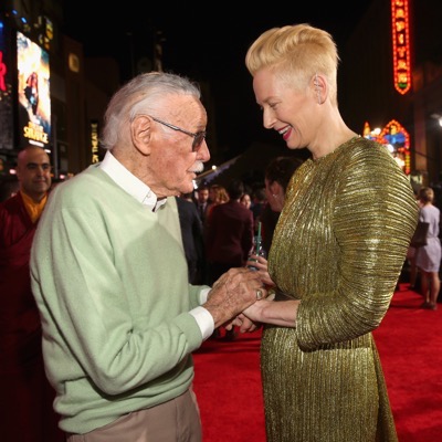 HOLLYWOOD, CA - OCTOBER 20:  Executive producer Stan Lee (L) and Actress Tilda Swinton, wearing Haider Ackermann, attend The Los Angeles World Premiere of Marvel Studiosí "Doctor Strangeî in Hollywood, CA on Oct. 20th, 2016.  (Photo by Jesse Grant/Getty Images for Disney) *** Local Caption *** Stan Lee; Tilda Swinton