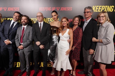 Jon Hamm, Zach Galifianakis, Director Greg Mottola, Gal Gadot, Isla Fisher, Elizabeth Gabler, President of Fox 2000, Producer Walter F. Parkes and Producer Laurie MacDonald seen at Twentieth Century Fox "Keeping Up with the Joneses" red carpet event on Saturday, Oct. 8, 2016, in Los Angeles. (Photo by Eric Charbonneau/Invision for Twentieth Century Fox/AP Images)