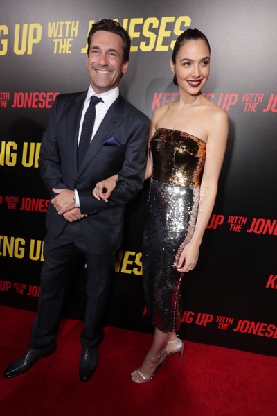 Jon Hamm and Gal Gadot seen at Twentieth Century Fox "Keeping Up with the Joneses" red carpet event on Saturday, Oct. 8, 2016, in Los Angeles. (Photo by Eric Charbonneau/Invision for Twentieth Century Fox/AP Images)