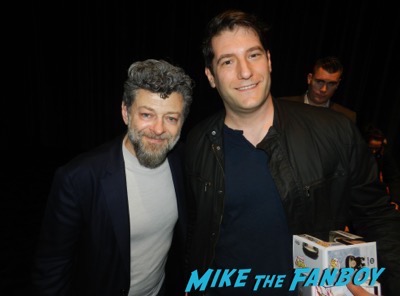Andy Serkis has reinvented the art of making a character shine through digital elements. It’s extremely impressive and it shows in War for The Planet of the Apes. His movement and performance is the heart and soul of the film.   I was lucky enough to attend a screening of War For The Planet of the Apes with a q and a With Andy Serkis.   Andy is extremely passionate about digital filmmaking and when talking about it, he said it’s not different from acting in a live action film.   “I read the script for Rise and the arc of the character for that film alone was amazing.” Mentioned Andy Serkis, “The thing is about these films is finding a point of connection. It’s in all great science fiction. How do you become that ape and then how do you get the audience to come with you?”   Andy mentioned that going on the journey through all three films was one of his greatest joys. “I played Caesar as a human in ape skin who was brought into the world with a great amount of love. With James Franco and John Lithgow’s characters especially from the first film.”  The character was like going through an adolescence and being a teenager, he was growing his own skin.   After the panel, Andy Serkis was so nice. He stayed until the very end meeting fans and signing autographs.   I talked to Andy for a bit and he signed four things for me, a couple Funko pops, one was Caesar from War for the Planet of the Apes and the other was Snoke from Star Wars. I also had a couple posters from War For The Planet of the Apes.  I did tell Andy Serkis that out of all his work, 13 Going on 30 is still one of my guilty pleasures.   I had to!  Until next time kids…  Be excellent to each other!