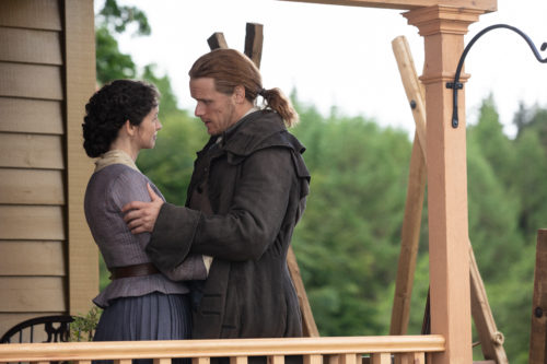 Sam Heughan as James Fraser and Caitriona Balfe as Claire Fraser
